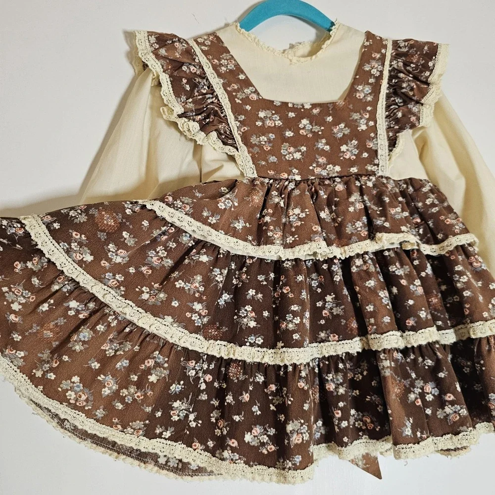 Vintage Dress Girls 6 Brown Floral Ruffle Lace Jumper Style Prairie Cottage Doll